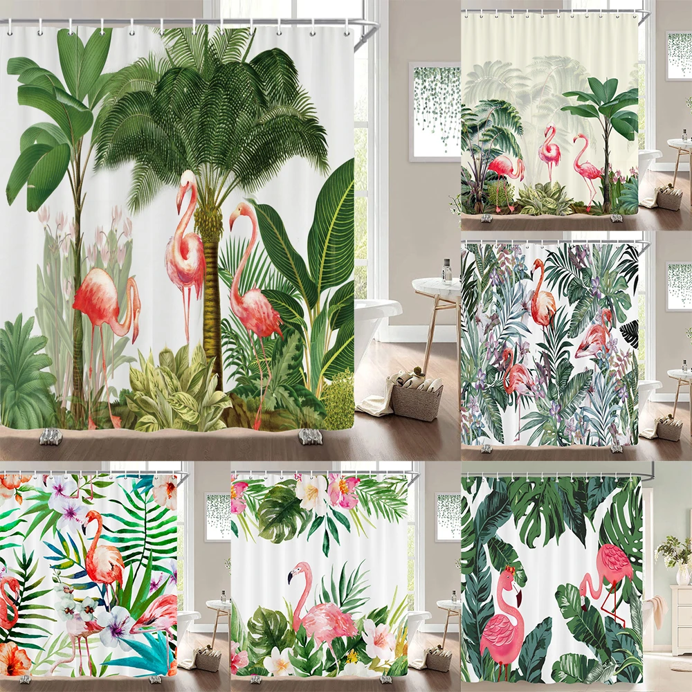 Bathroom Decoration Shower Curtain Plant Flowers Birds Flamingo 3D Printed Bathroom Curtain Waterproof Shower Curtain with Hooks