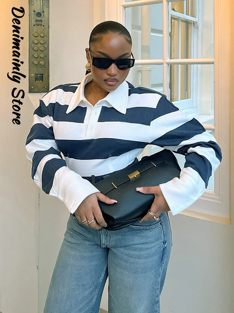 Street Women's Striped Waist Cinched T-shirt Slim Polo Collar Buttons Full Sleeve Female Top 2026 Autumn Lady All-match Tops New