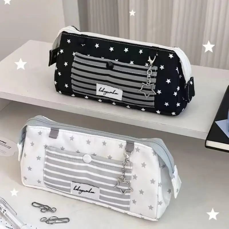 Korean Style Star Striped Print Pencil Case Multi-Layer Large Capacity Pen Bag Stationery Pouch Students