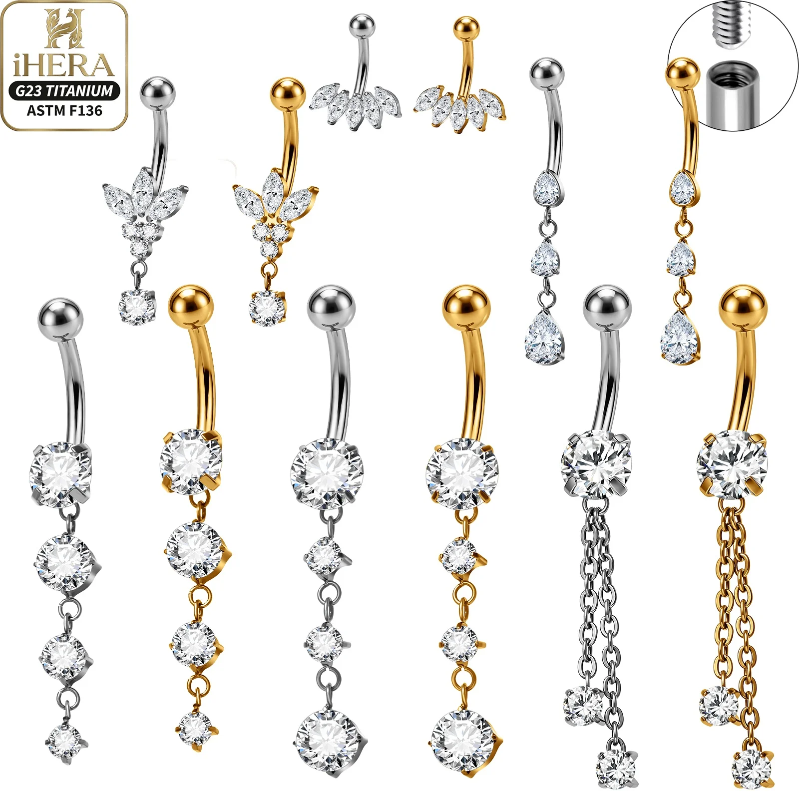 G23 Titan-Schraubkugel F136 Titan-Piercing-Stud, gebogene Barbell, baumelnder, abgestufter Birnen- und Marquise-Schnurhalsring, Bauchnabelpiercing-Set
