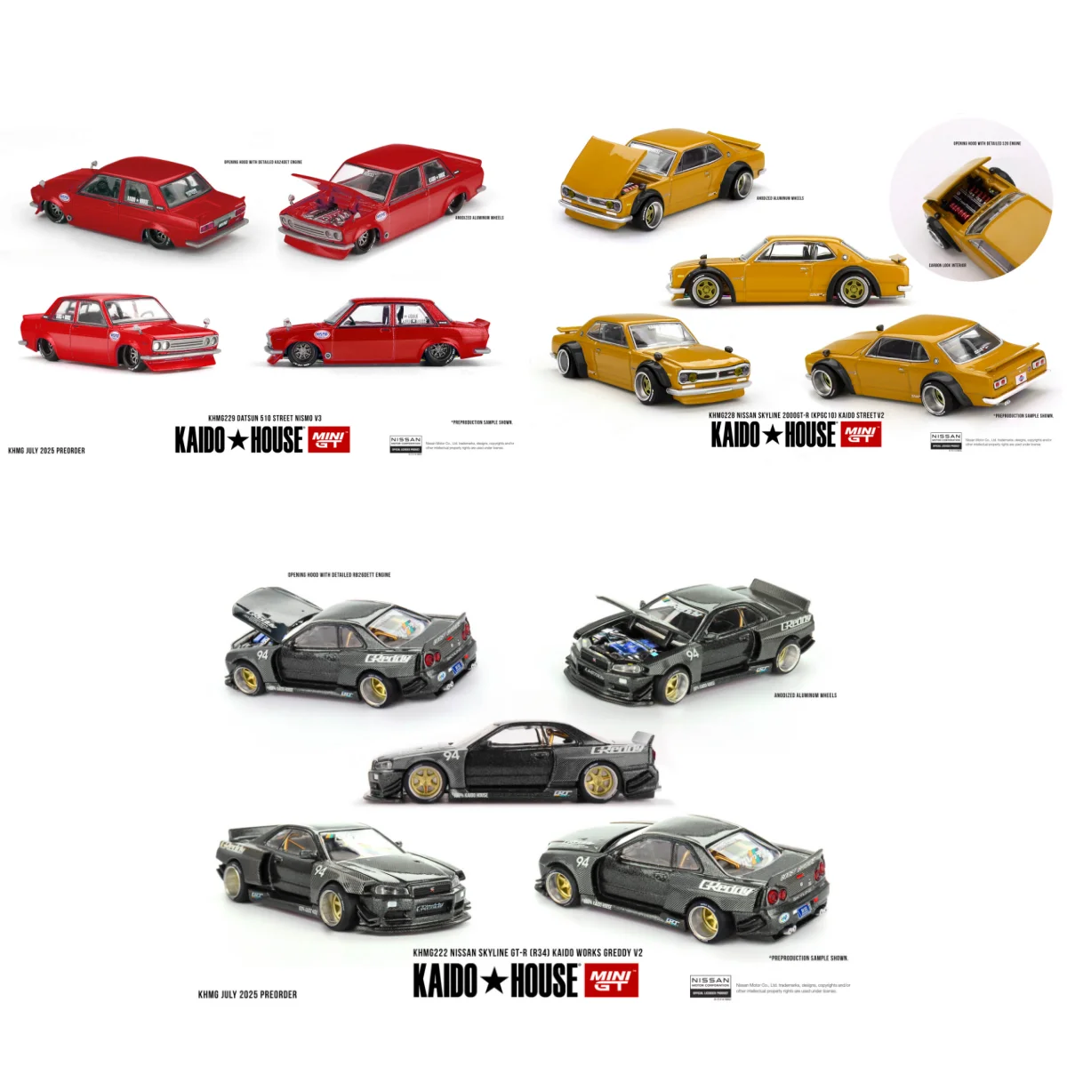 

Kaido House + MINIGT Nissan Skyline GT-R (R34) Nissan Skyline 2000 GT-R Datsun 510 Street Edition Nismo V3 Alloy Car Model