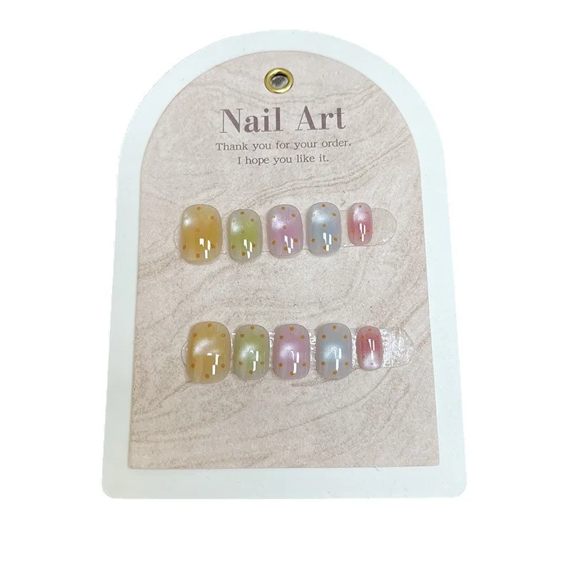 

Multi-colored short square circle wearing nail gradual change cat eye manicure film advanced sense prefabricated fake nails
