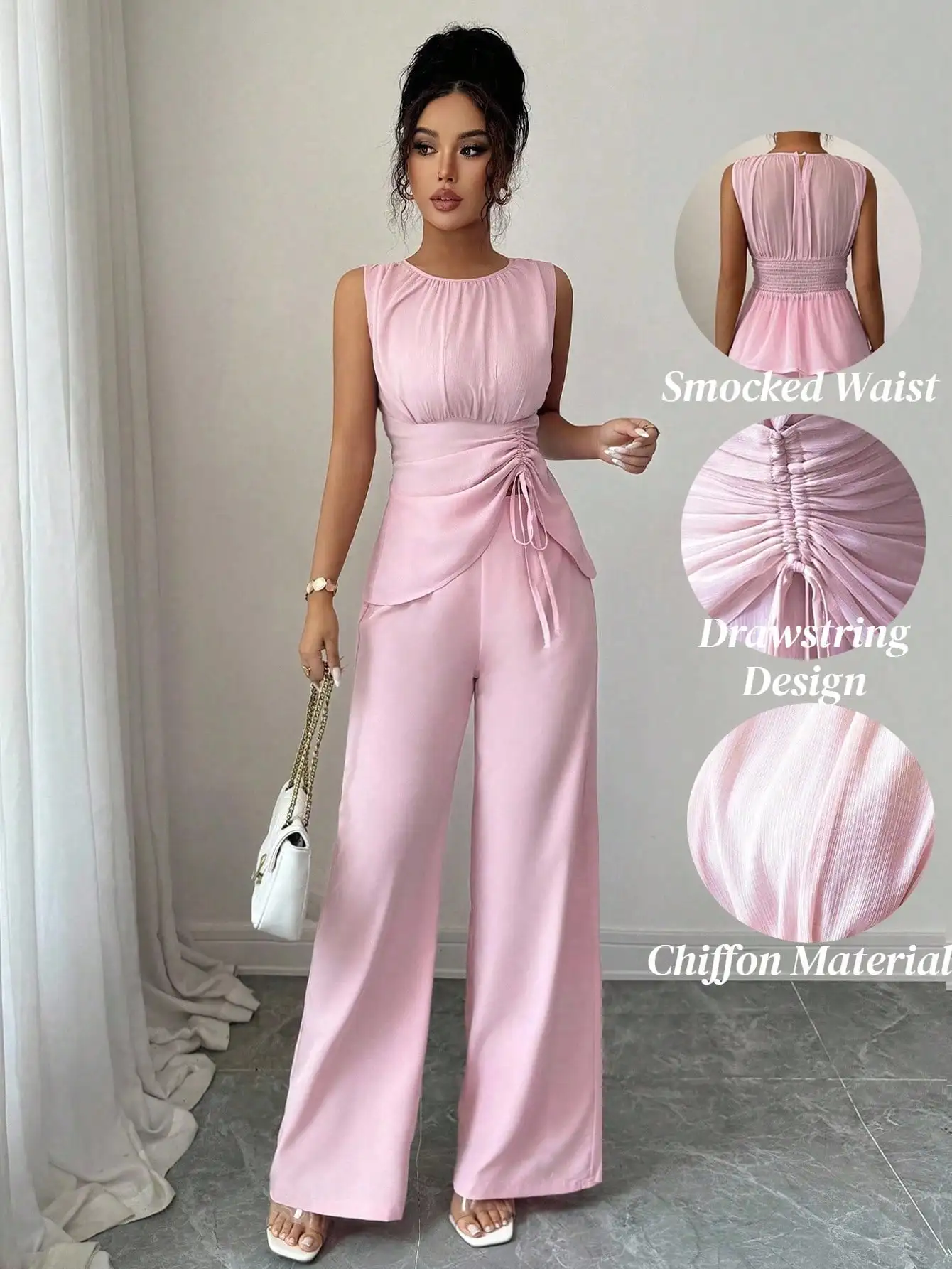 

Женский комплект из шифонового топа с асимметричным подолом на завязках и широких брюк, 2 предмета