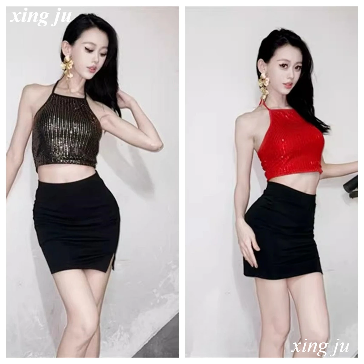 

Женский сценический костюм Xing Ju: Сексуальный топ-халтер с пайетками и черная облегающая юбка-карандаш для джазовых танцев, вечеринок и выступлений