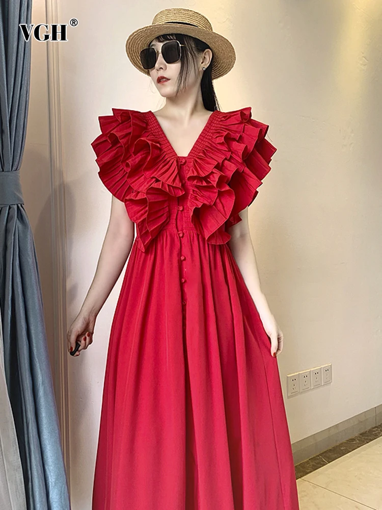 

VGH Sexy Red Dress For Women V Neck Sleeveless High Waist Ruffle Trim Solid Midi Loose Dresses Female 2025 Summer Fashion Style