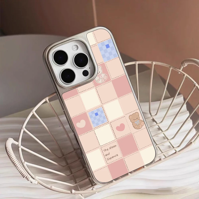 한국 스타일 만화 체크무늬 곰 프로스트 백보드 실버 테두리 충격 방지 폰 케이스 아이폰 17 16 15 14 프로 맥스용