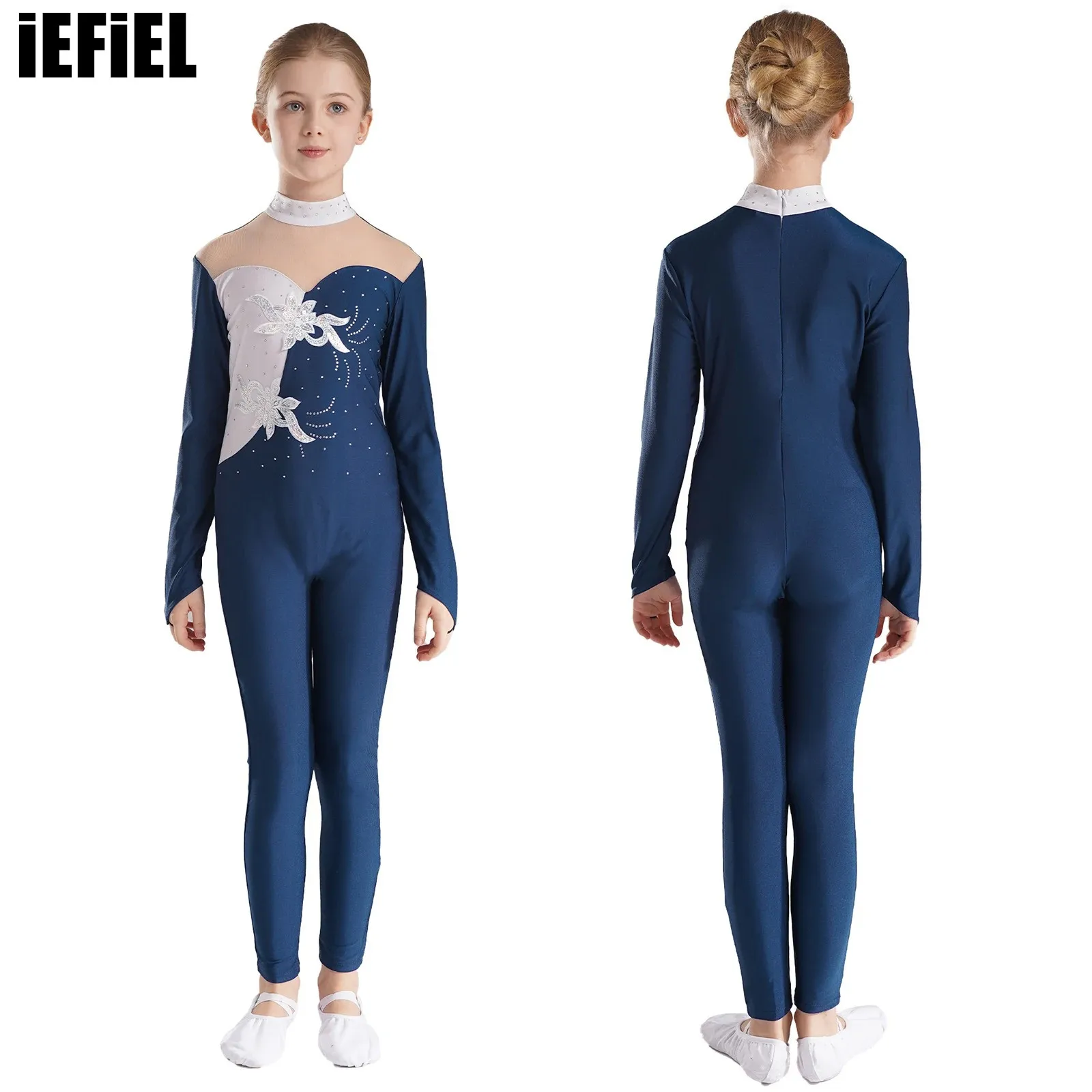 

Kids Girls Sparkly Sequined Dance Tights Rhinestone Color Block Patchwork Long Sleeve Mock Neck Jumpsuit for Figure Skating