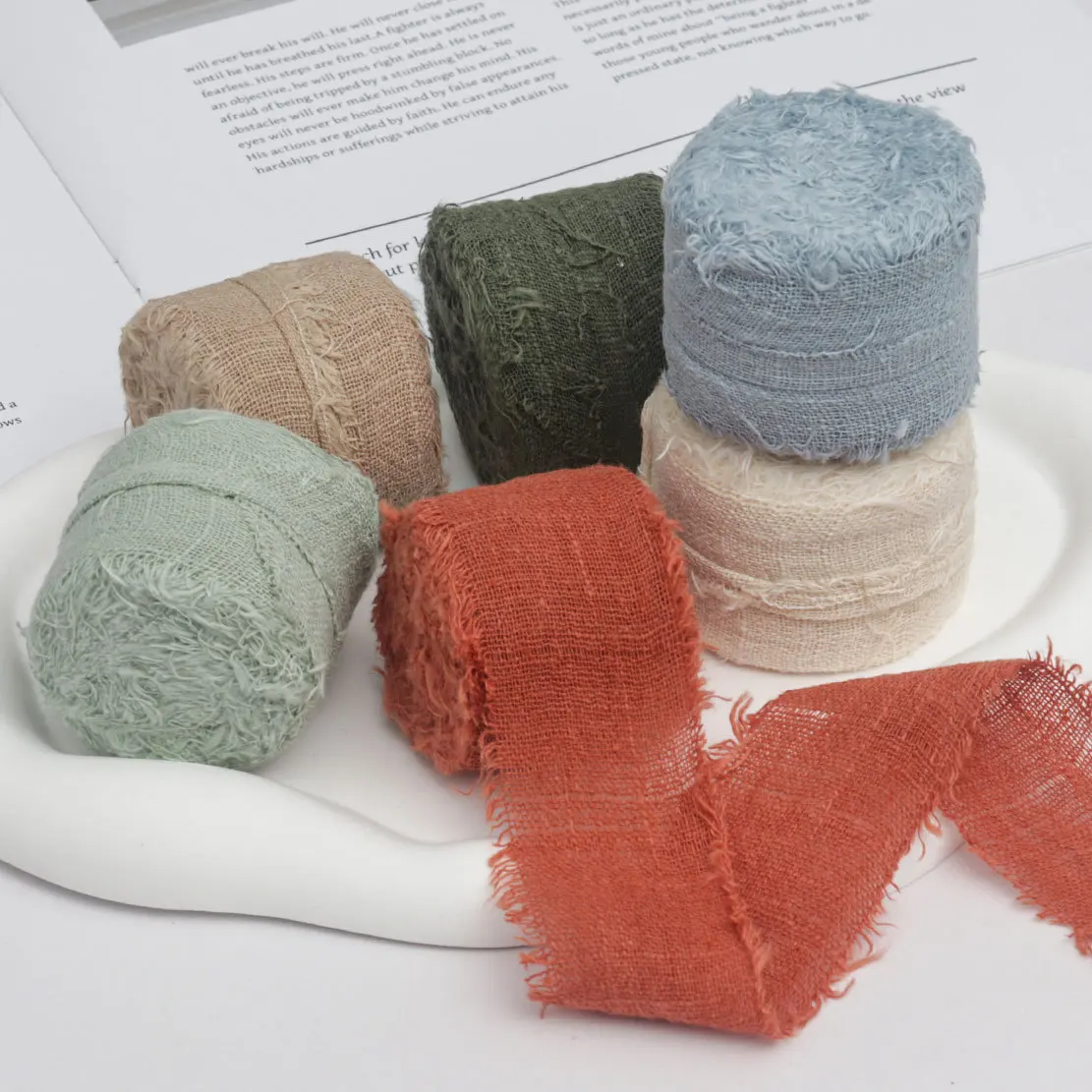 4CM*5yard Cotton And Linen Ribbon Silk-Like Ribbons Wedding Invitation Bouquet Fabric Ribbons Christmas Decoration Gift Wrapping
