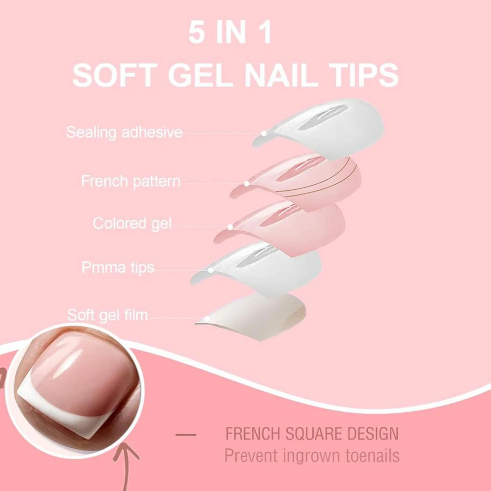150 Stück transparente French Press-On Zehennägel, 15 Größen, kurze, quadratische künstliche Zehennägel mit weißem Randdesign, für Sommer, Strand, Alltag, falsche Fußnägel – Detail 5