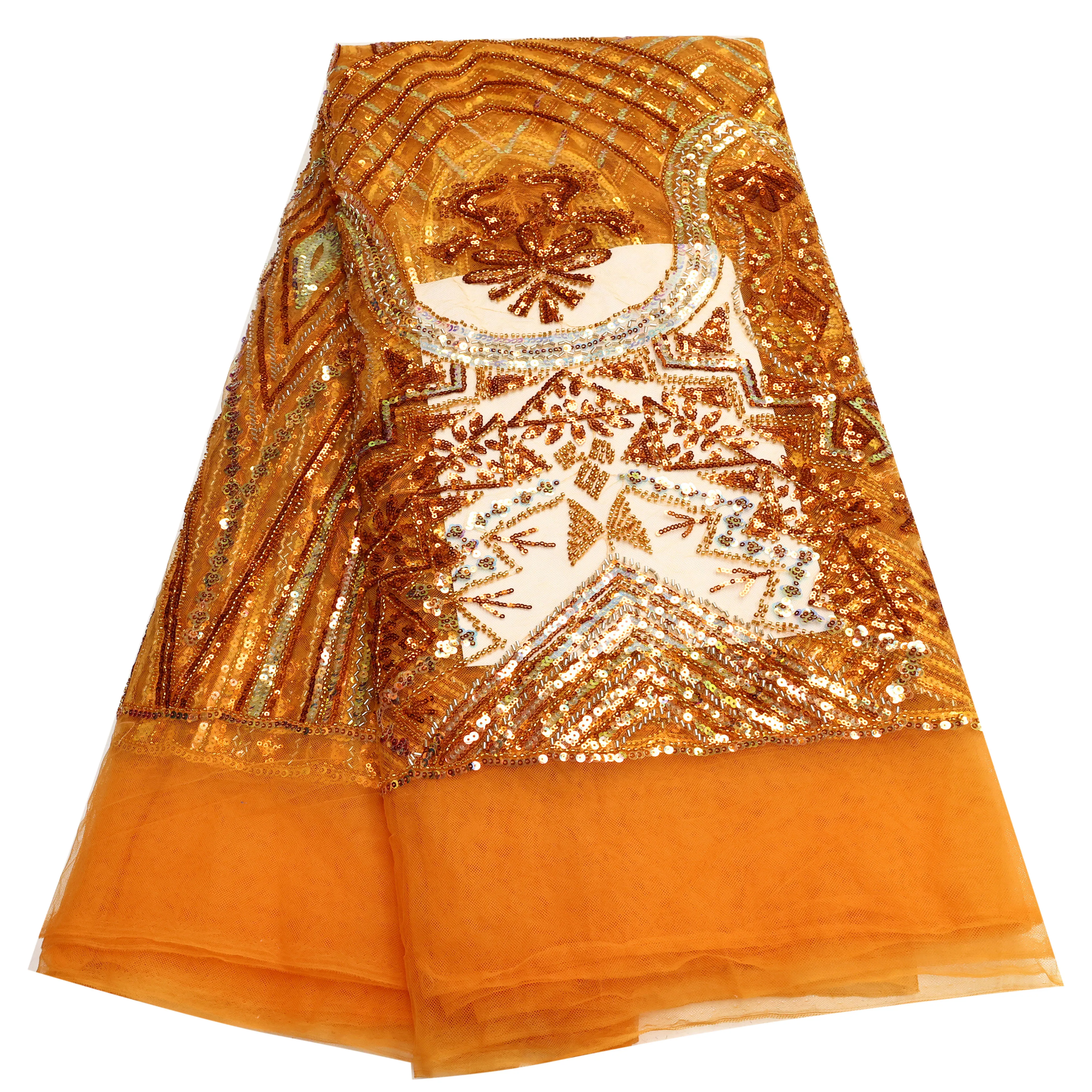 Newest African Luxury Sequins Beaded Tulle Lace Fabric For Evening Dresses Women Beaded Net Lace Material with Stones 5 Yards