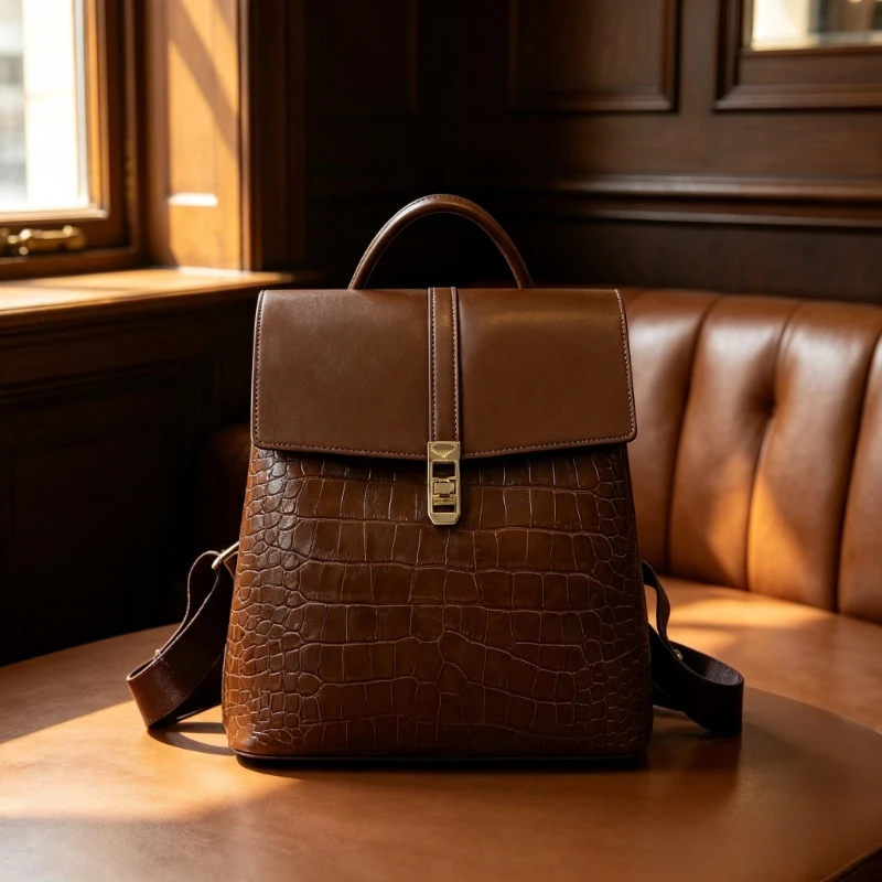 British Retro Women Backpack 2026 Trend Croc Embossed Leather Light Commuter Backpack Ladies Fashion Work Travel Casual Daypack
