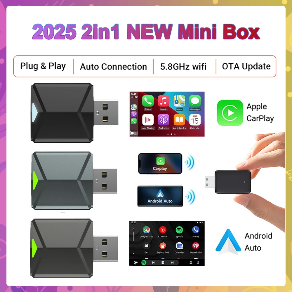 

2in1 Mini CarPlay Box For Toyota KIA Mazda FORD Audi Mercedes Volvo VW Hyundai Wifi Bluetooth Wireless Android Auto Connection