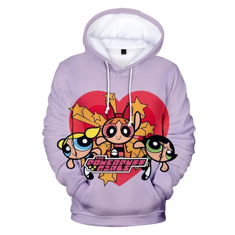 Kawaii anime powerpuff bonito meninas moletom com capuz das mulheres dos homens primavera outono pullovers harajujku powerpuff crianças anime roupas