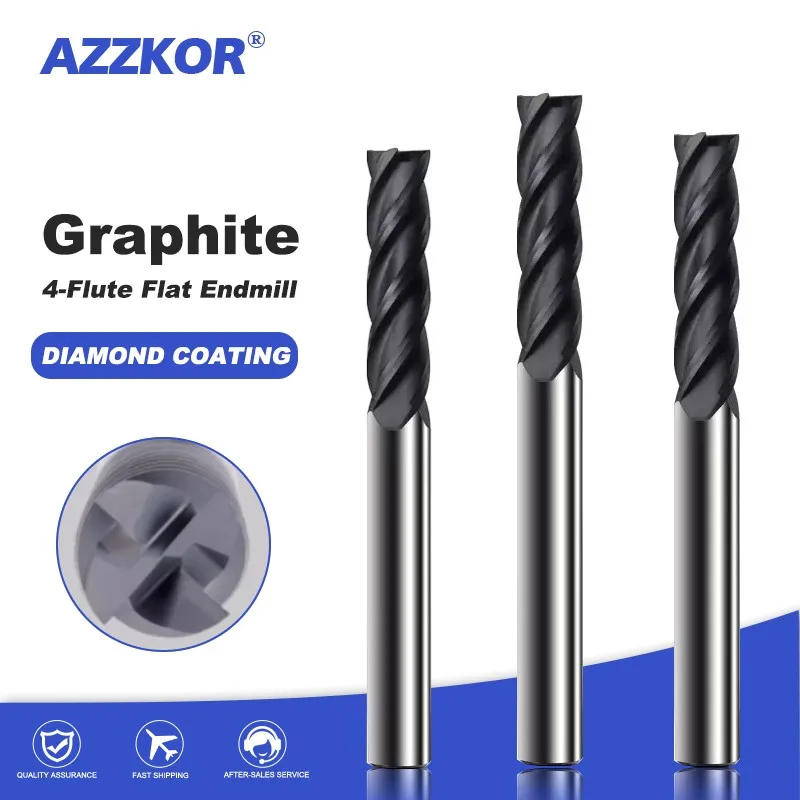 AZZKOR CNC Processing Diamond Coated Carbide Extended Straight Shank Flat End Mills 2/4-Flute Graphite Milling Cutter Tools