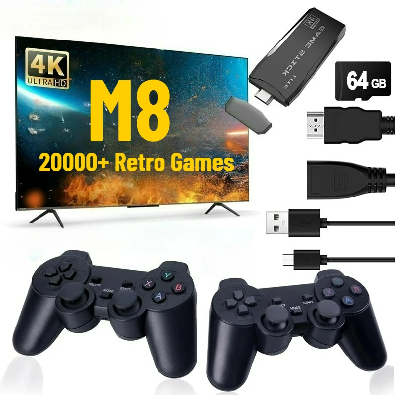 

Игровая консоль M8, 4K, ТВ-игровая приставка, встроенная 20000+ ретро-игр, 64 ГБ, портативный игровой плеер, беспроводной контроллер, ретро-геймпад