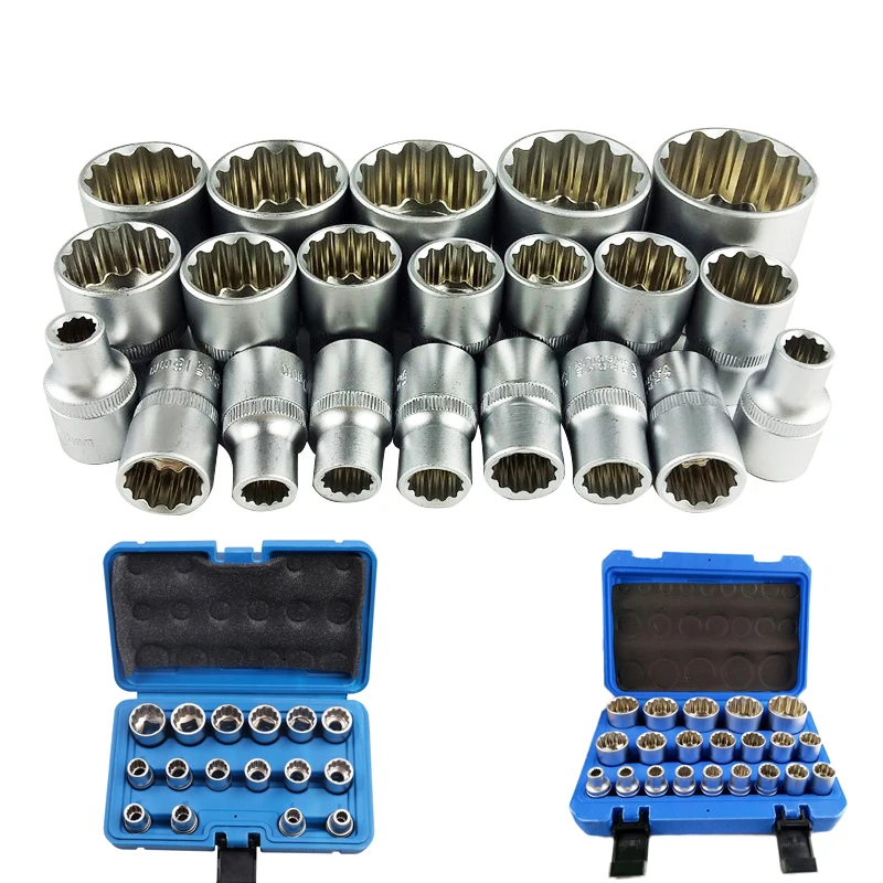 12 Point Socket Wrench Set Lock Socket Torx Hex Torx Splined Bit Socket Set 1/2” Hex Socket Repair Tool Kit 8-32mm