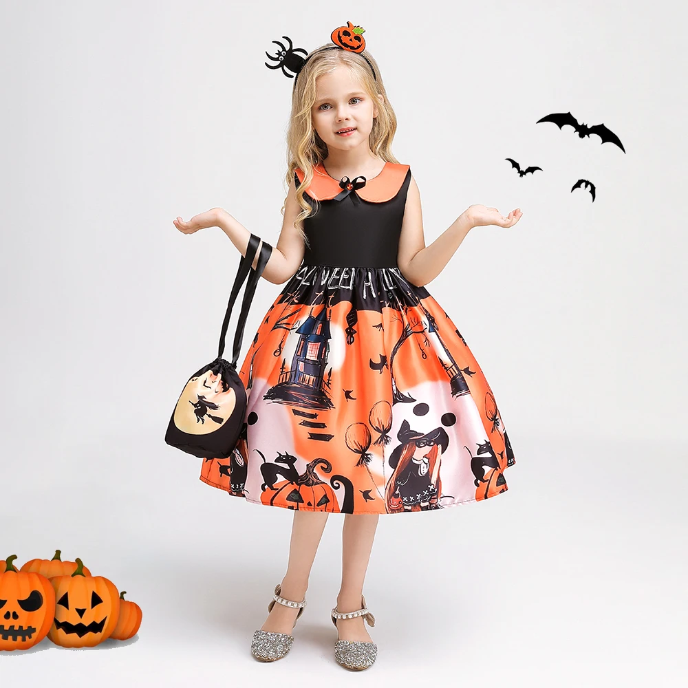 Halloween Orange Witch Printed Girls Costumes for Carnival Gothic Birthday Party Dresses Girl Ghost Pumpkin Cosplay Kids Clothes