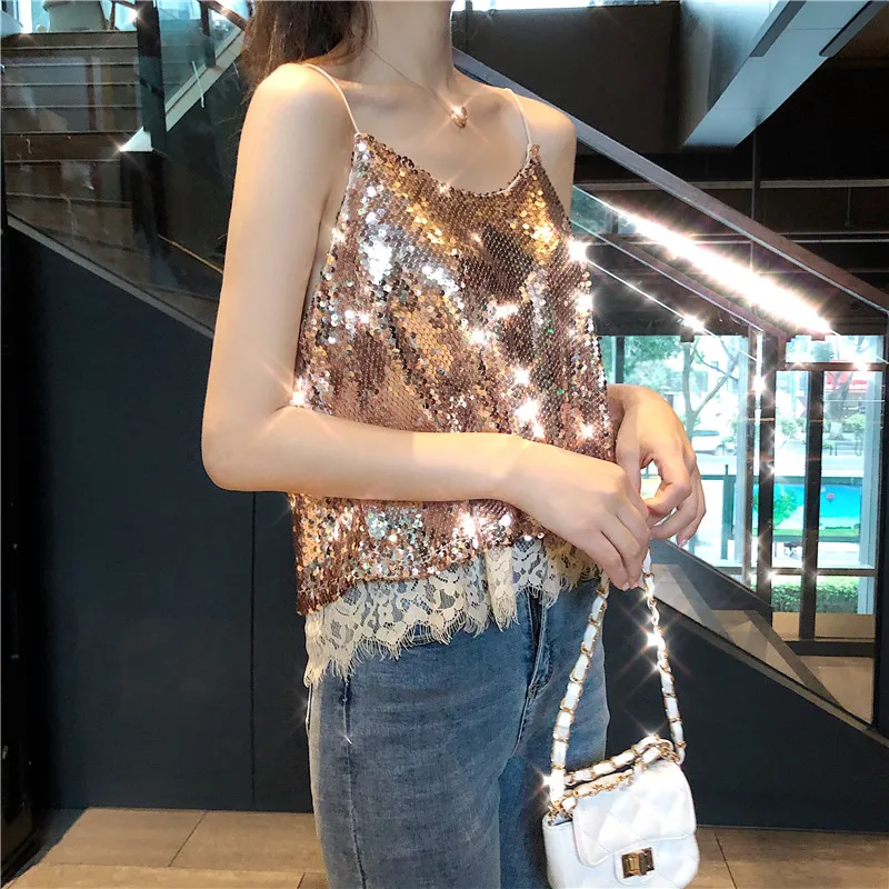 Sexy Glittering Knitted Tank Tops Women Camisole Vest Gold Thread Top Vest Sequined Stretchable Slim Tops