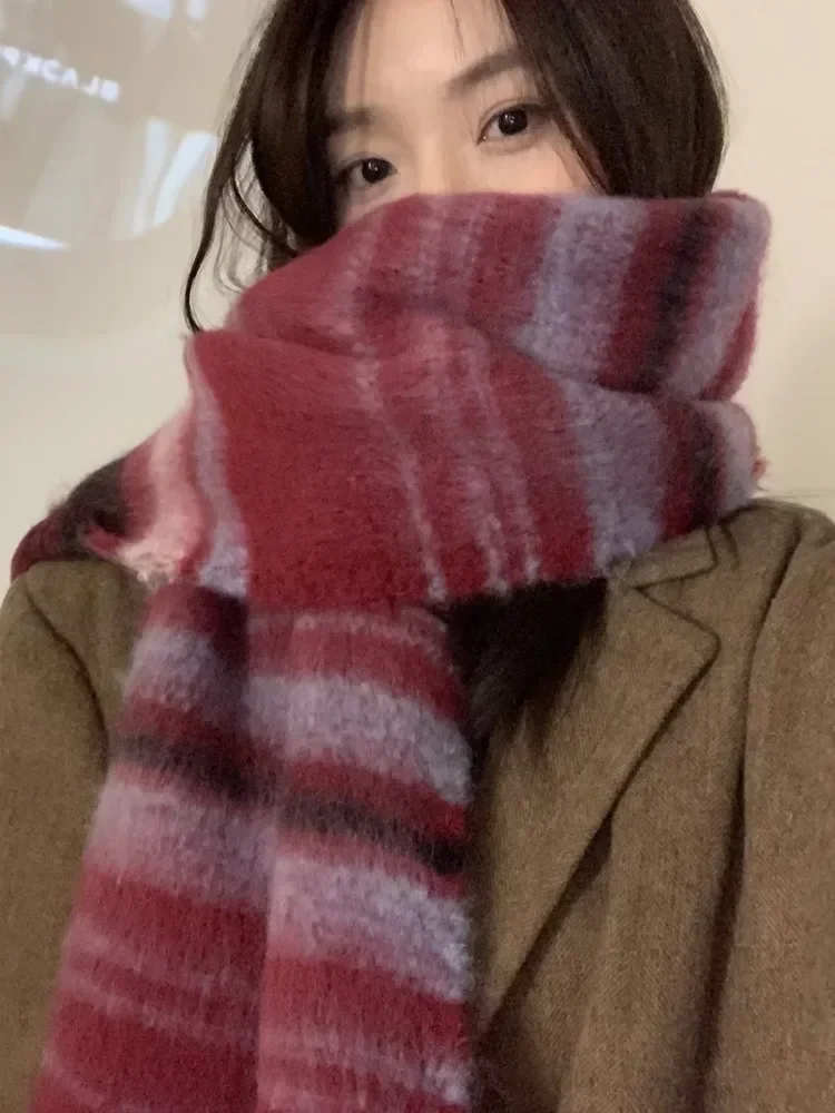 Vintage Colorful Stripe Scarves Winter Thick Large Scarf for Woman Korean Fashion Outdoor Windproof Warm Wraps