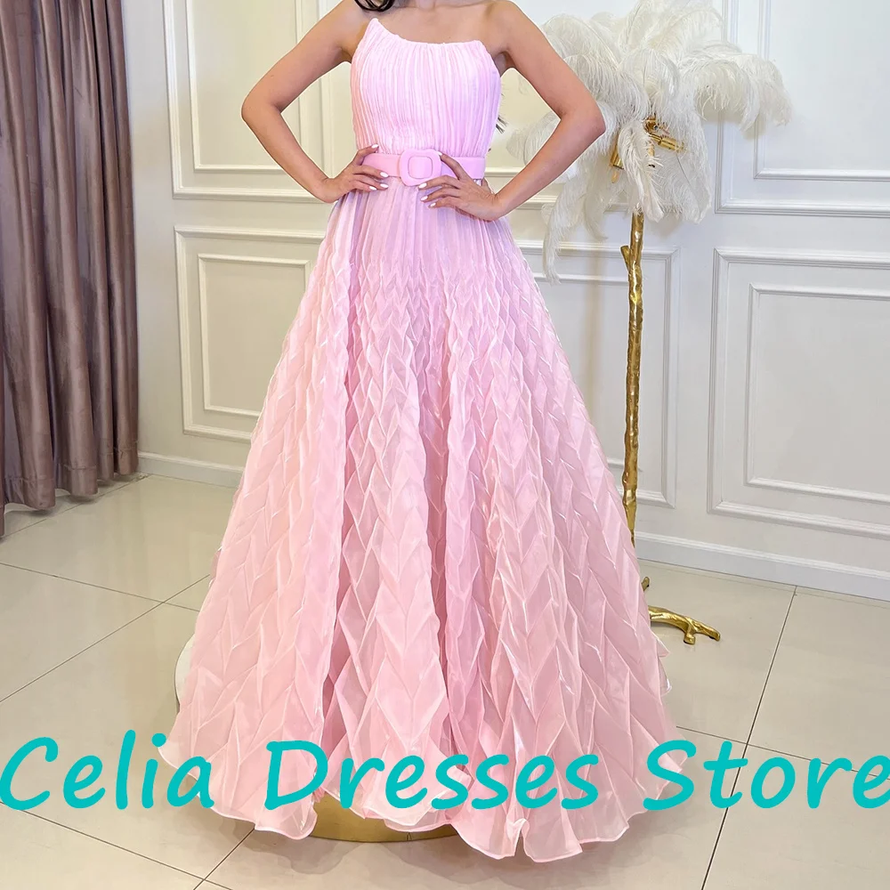 Straight Floor Length Saudi Arabia Evening Gowns Sleeveless Strapless Sahes Sweep Train Solid Color Pleats Quinceanera Gowns