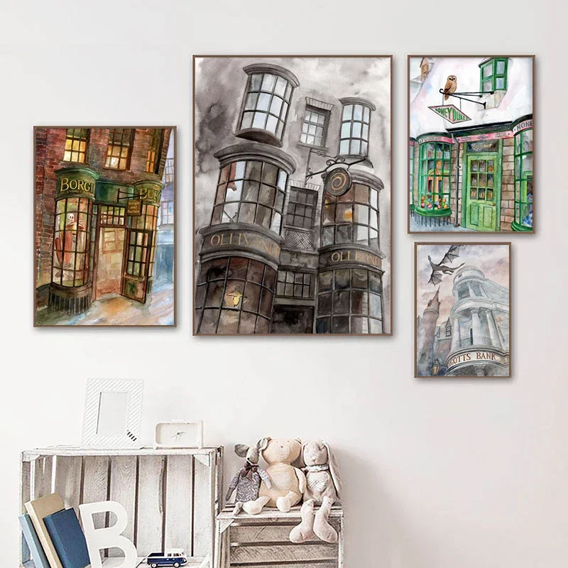 Canvas Painting Quidditch Ollivanders Shop Fantasy Magic Wand Posters Watercolor Wizard Shop Prints Diagon Alley Wall Pictures