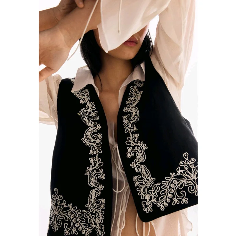 Autumn New Sle Women's Slim Fit V-Ne Svel Embroidered Casual ort Vest Faionable Commute Pure Color Polyester