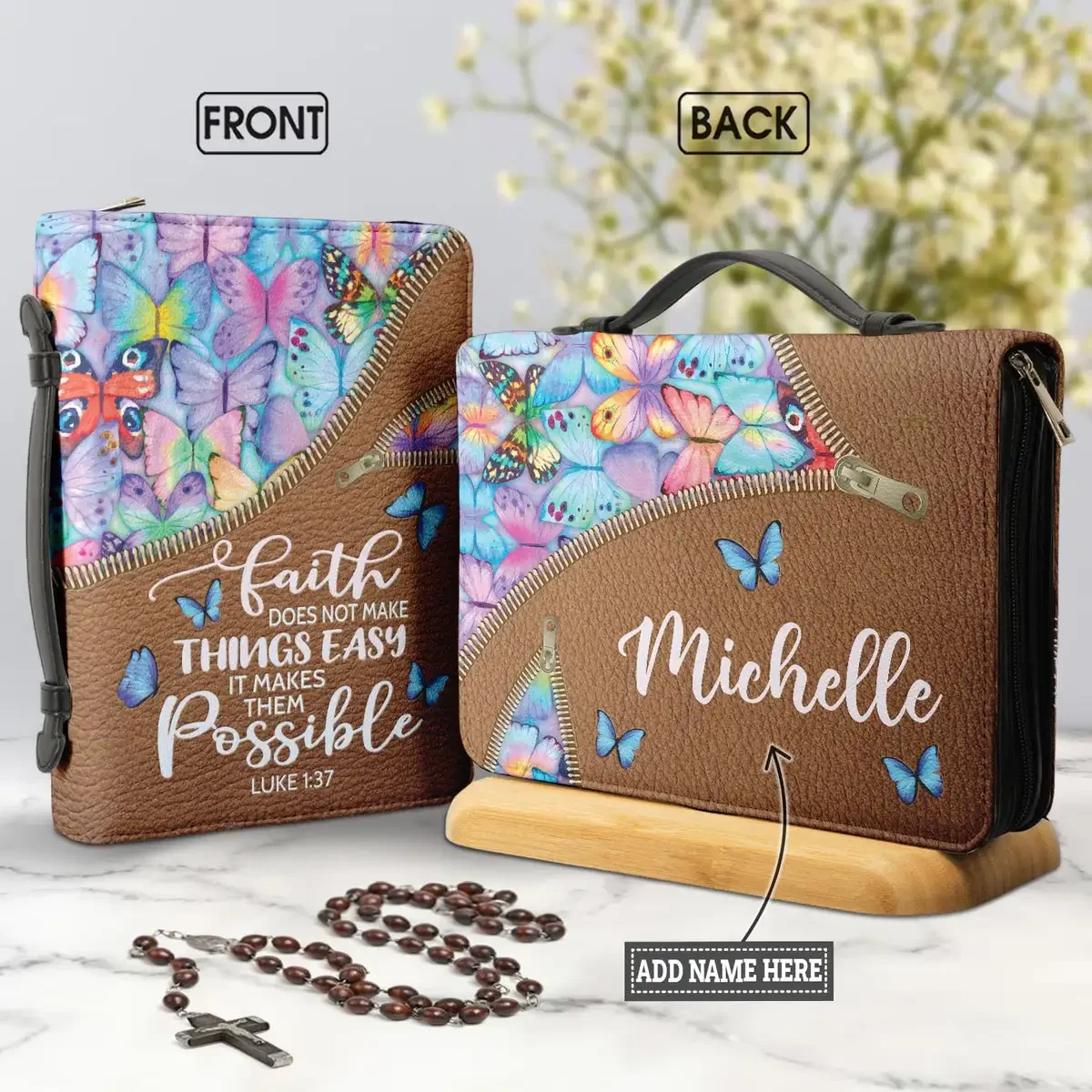 

PU Leather Holy Cover Case Faith Does Not Make Things Easy Butterflies Bible Verse Print Carrying Case Zippered Handle Handbags