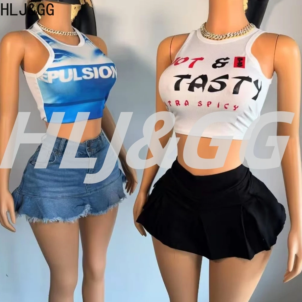 

HLJ&GG Summer New Letter Printing Slim Tank Tops Women Round Neck Sleeveless Crop Tshirts Fashion Female Y2K Hip Hop Streetwear