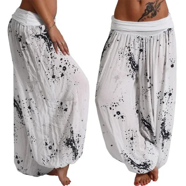 Autumn Women Harem Pants Elastic Waist Pleated Casual Vintage Printing Summer Wide Leg Trousers Streetwear Loose Pant Capris