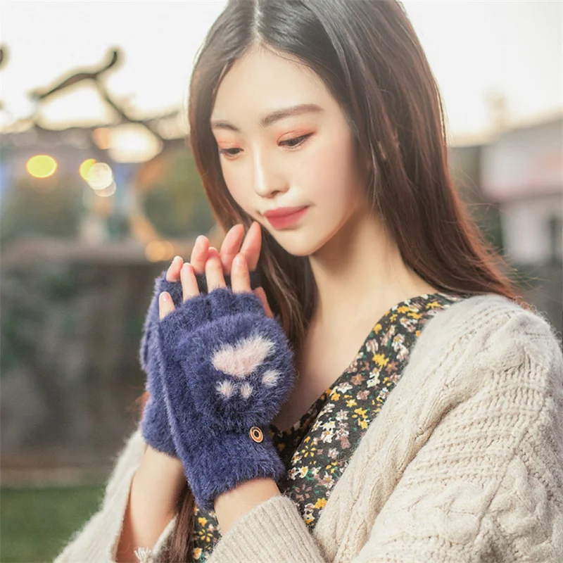 Women Girls Lovely Winter Warm Fingerless Gloves Girls Fluffy Bear Cat Plush Paw Claw Half Finger Gloves Mittens Gifts New 2023