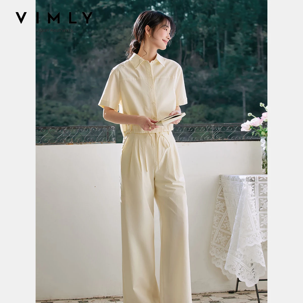 

VIMLY Women's Summer Trouser Suit 2025 Short Sleeve 100% Cotton Pleated Hem Shirt Wide Legs Pants Yellow Two-piece Sets A0762
