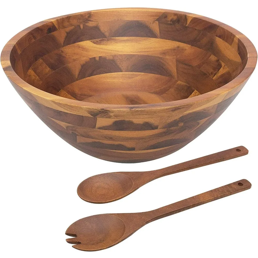 

Large Acacia Wood Salad Bowl Set with Serving Utensils, 12.5" for Fruits and Salads