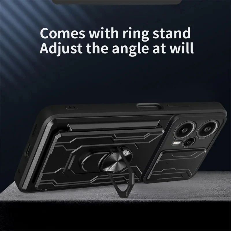 For Xiaomi Poco F5 Case Slide Camera Lens Protect Shockproof Armor Cases Xiaomi Poco Little F5 5G Card Slot Bracket Back Cover