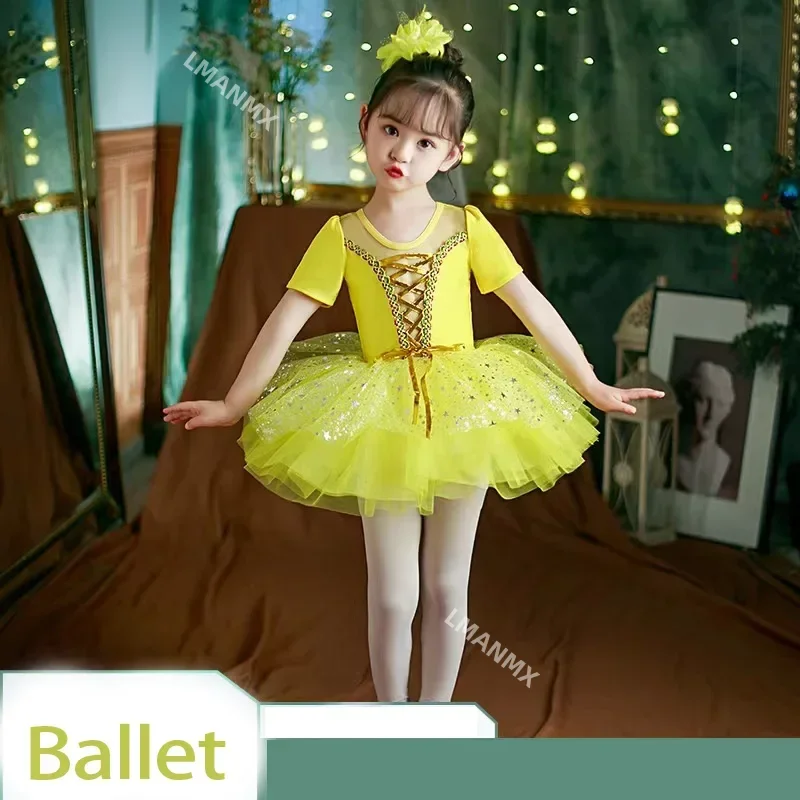 

Yellow Ballet Dance Dress Kids Girls Sleeveless Mesh Tulle Ballet Gymnastic Leotard Stage Performance Lyrical Dance Costumes