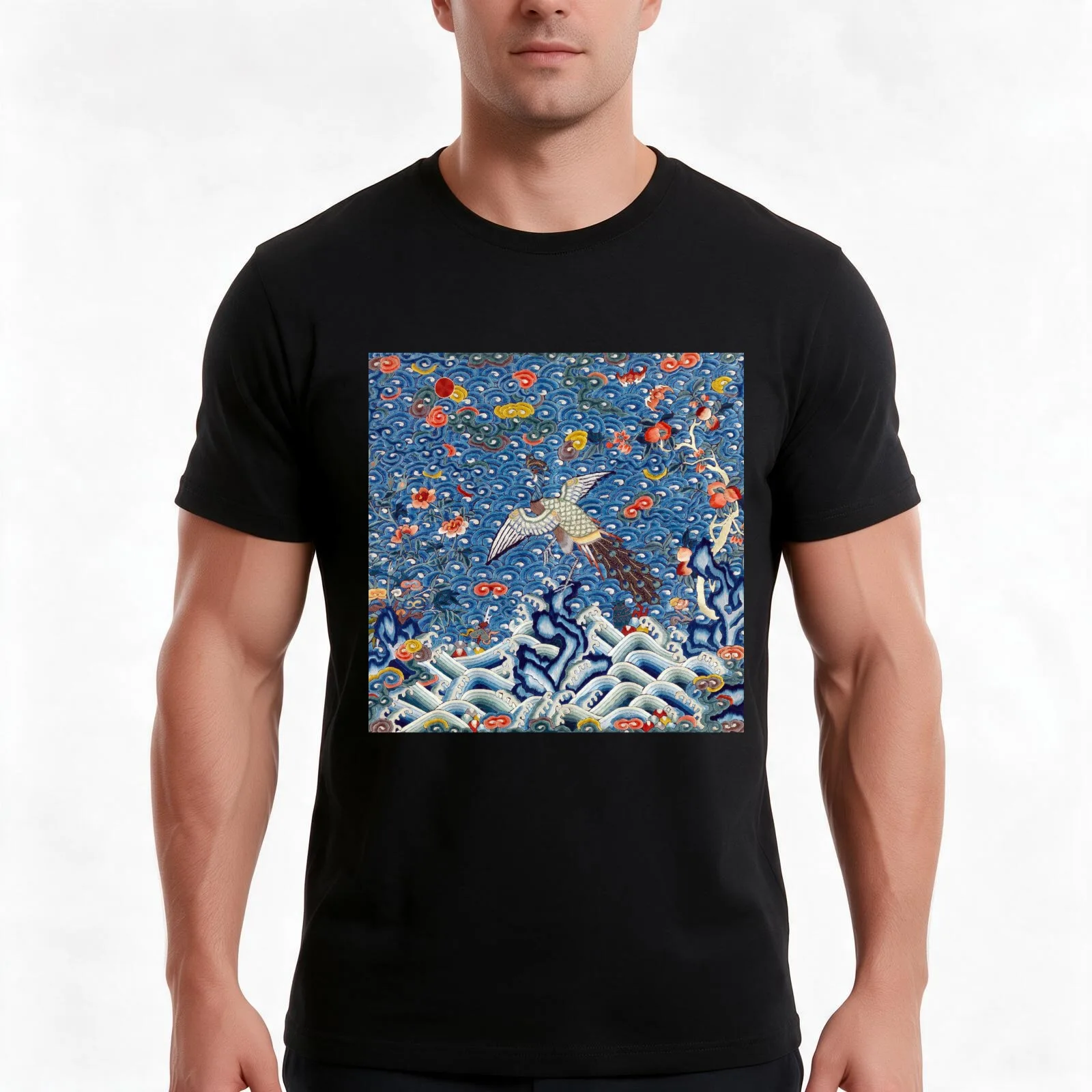 Qing Dynasty Rank Badge with Peacock T-Shirt, Summer Casual Cotton Tee, Oversized Streetwear Tops, Vintage Graphic Print
