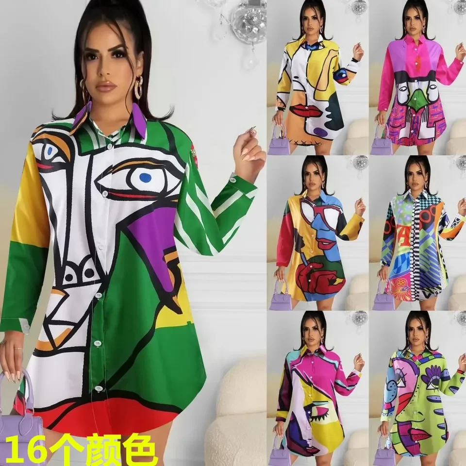 2023 Fashion Shirts & Blouses Elegant Print Loose Long Shirt Button Up Long Sleeve Top Casual Vintage Y2k Shirts Dress Blouse