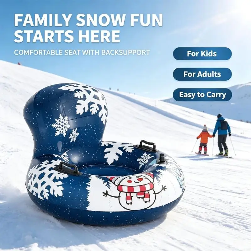 Inflatable Snow Tube with Integrated Backrest and 2 Handholds, Included Pull Rope for Winter Hill Play and Pulling Back Across