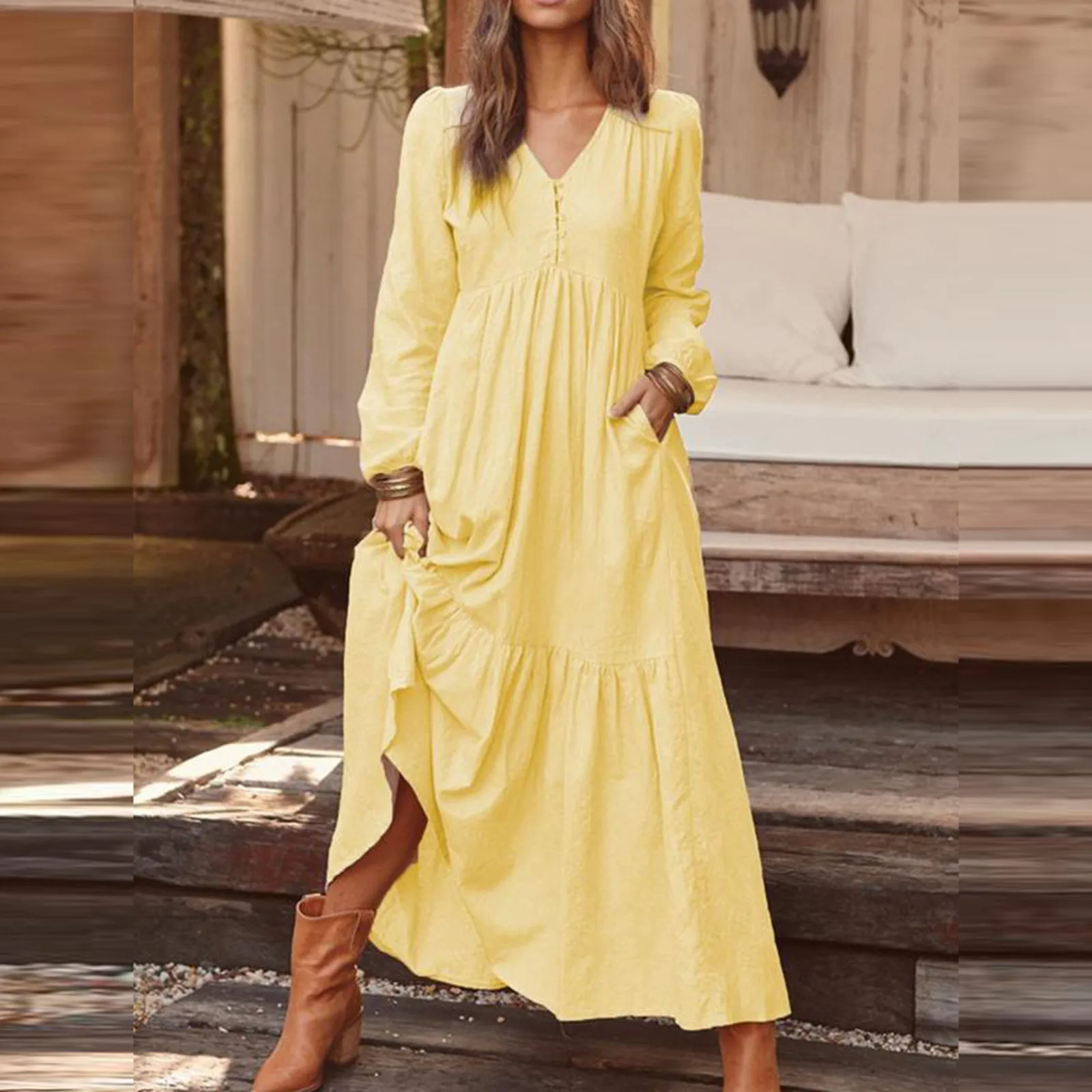 

Women's long dress Cotton Linen Vintage Casual Long Sleeve Maxi Dress With Flared loose v neck autumn Dresses for Women