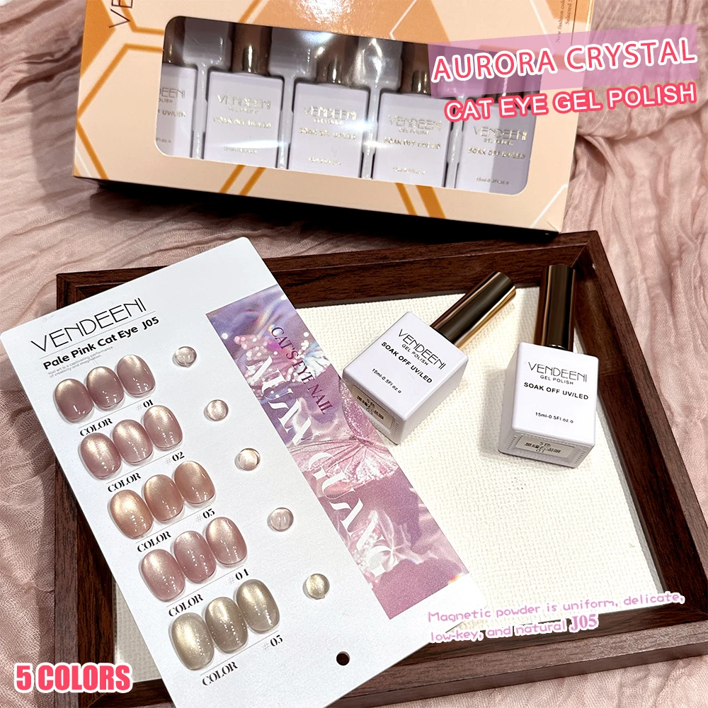 vendeeni-–-kit-de-vernis-a-ongles-gel-œil-de-chat-magnetique-uv-led-5-couleurs-rose-peche-cristal-avec-presentoir