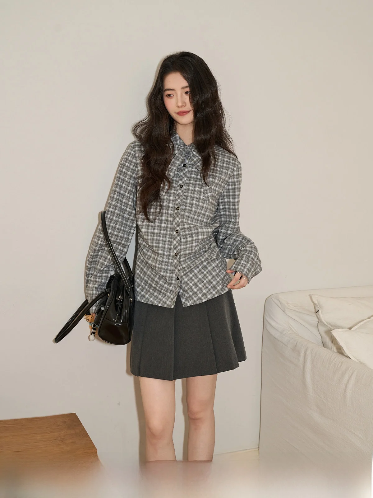 

ey Collar Plaid Waist-Cinching Long Sve Women's irt Vintage Loose Fit Spring New Arrival Xujing Academy Sle
