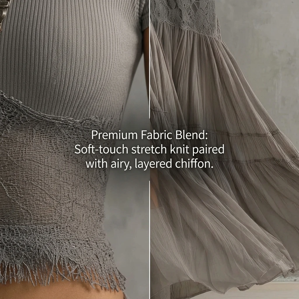 2 Piece Skirt Set Women Bohemian Grey Knit Top and Flowy Chiffon Pleated Maxi Skirt - view 6