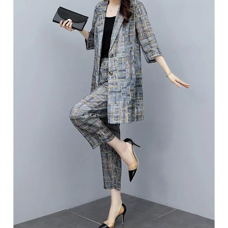 Korean Fashion 3/4 Sleeve Coat Printing Two Piece Set Women\'s Clothing Summer Casual Commute High Waist Cropped Pants Female