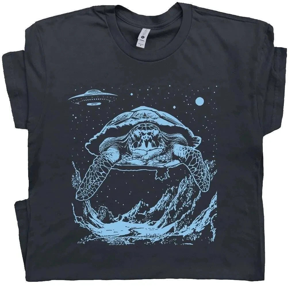 Sea Turtle Shirt Cosmic Turtle T Shirt for Men Guys UFO Graphic Tee Tortoise Shirt Retro Space Theme Tee Cute Terrapin Station