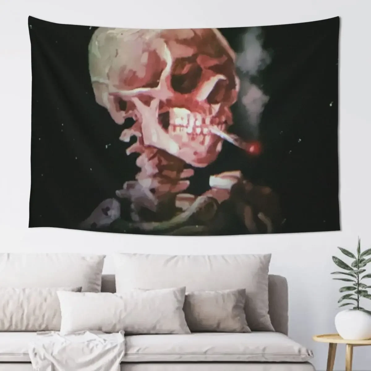 Skull of a Skeleton with Burning Cigarette Tapestry Wall Art Tapete For The Wall Room Decorator Aesthetics For Room Tapestry