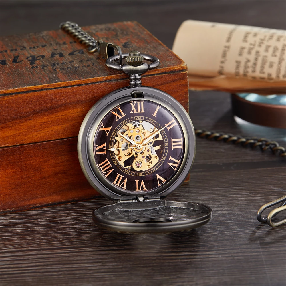 Solid Wood Mechanical Pocket Watch FOB Chain Locket Dial Hollow Steampunk Skeleton Men Women Mens Male Clock Watches Box Package