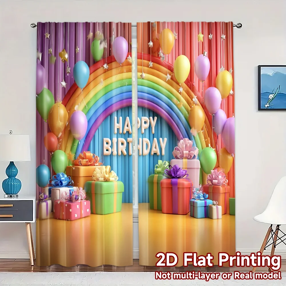 2pcs, 2D FLAT PRINTING Curtains (Without Rod) Birthday Bliss(4) Light Filtering Popular Curtains Versatile Fabric Curtains Art