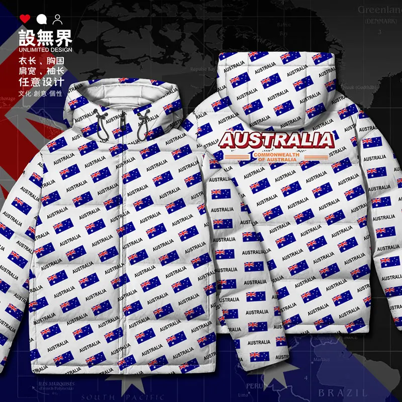 Australia AUS Australian country flag White duck down Jackets mens Casual Hooded Thick puffer men's clothing Winter down coat