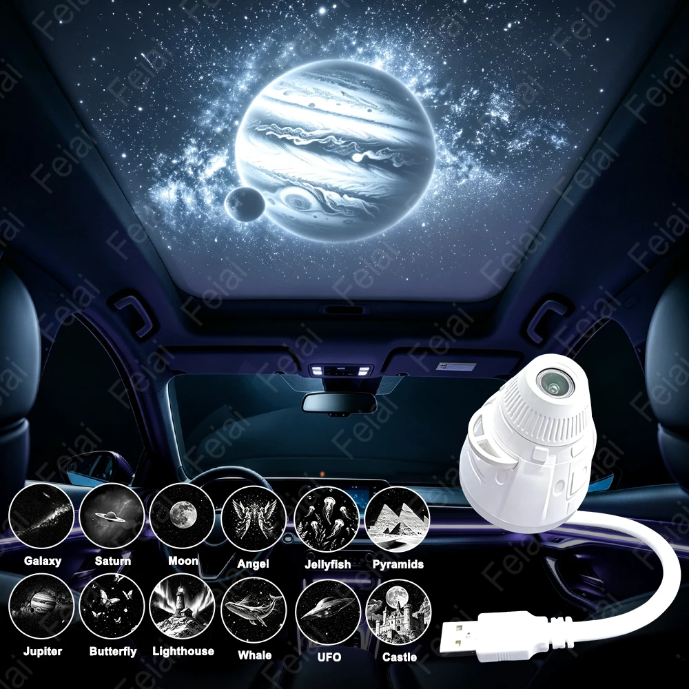 Plug and Play Car Interior Roof HD Galaxy Star Projector Ambient Light Moon Space Saturn Whale Mood Projection Night Light USB
