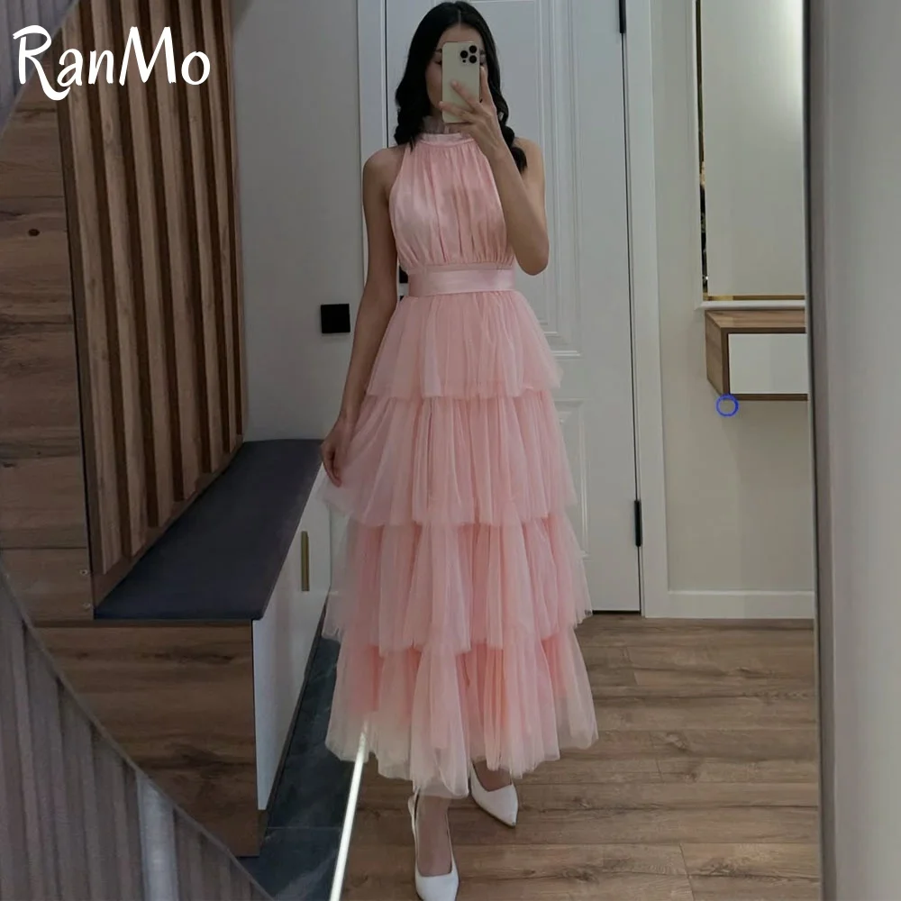 

Ranmo Elegant Halter Pink Evening Dress A Line Soft Tulle Prom Gown Tea Length Back Zip فساتين سهرة Corset Customized 2025