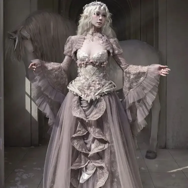 IMU Blood Supply Original Design Pink Fairy Genie Mesh Patch Lacy Ruffles Ball Gown Skirt Spring Luxury X-long Skirts Party Swee
